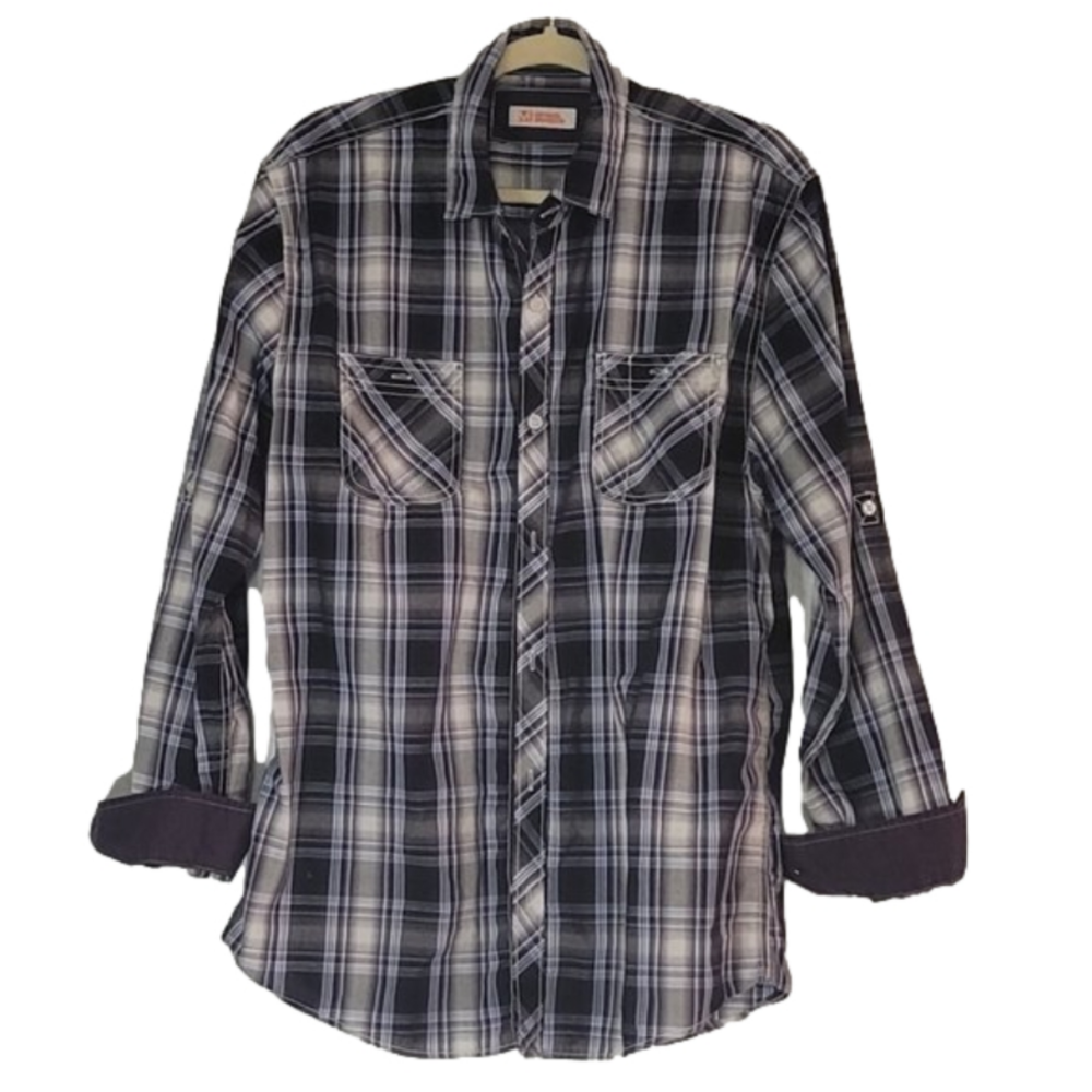 MICHAEL BRANDON MENS BUTTON UP TOP-BLUE AND GRAY FLANNEL WITH NAVY FOLD UP CUFFS